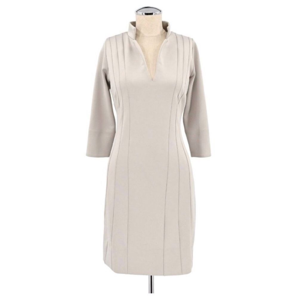GRETCHEN SCOTT Womens Tuck Me In Dress Beige Scuba Sheath Neutral Earthy Size Lg